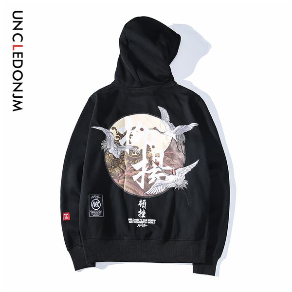 

uncledonjm embroidery japanese cranes pullover hoodies men 2019 winter hip hop male casual hooded sweatshirts streetwear 584w, Black