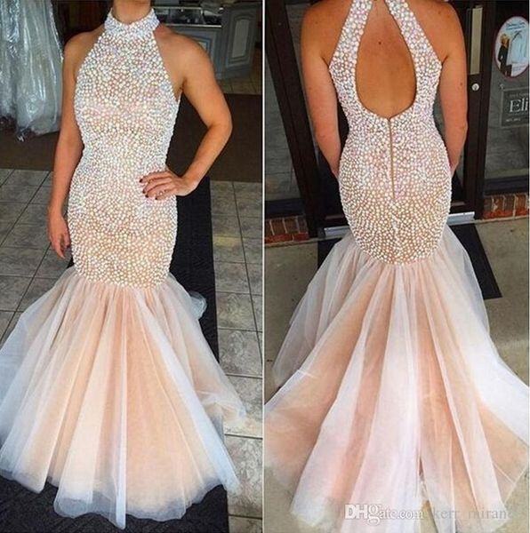 

2020 custom made stunning beaded crystal mermaid party dresses backless halter evening gowns robe de soiree formal prom dresses floor length, Black;red