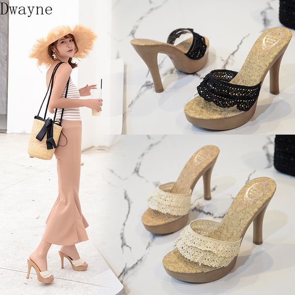 

summer lace korean version of the word transparent stiletto sandals fashion sandals waterproof platform high heel, Black