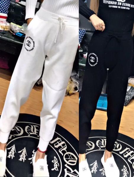 

winter new qwomen's knitted small leg trousers web celebrity same elastic belt double c double g casual loose-fitting outdoor pants, Black;white