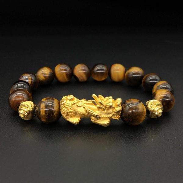 

natural yellow tiger eye stone bracelets 10mm round beads pi xiu bracelet for men women wristband jewelry, Golden;silver