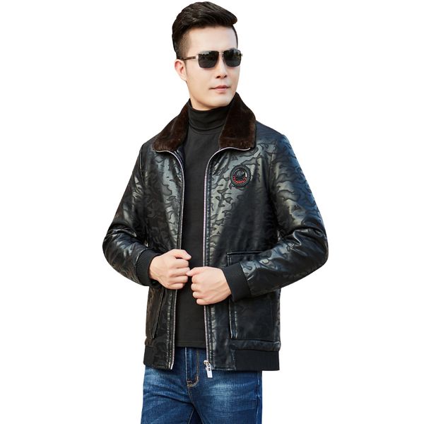 

thick duck down men winter jackets leather leopard print fur collar mens down coat black mens parkas outerwear