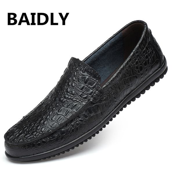 

new men genuine leather shoes fashion casual male leather shoes brand wedding slip on men loafers big size, Black