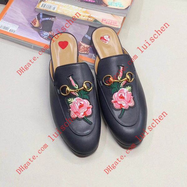 

2019 new leather men's and women's shoes flat casual baotou embroidery bees a pedal lazy horse bit buckle women's slippers, Black