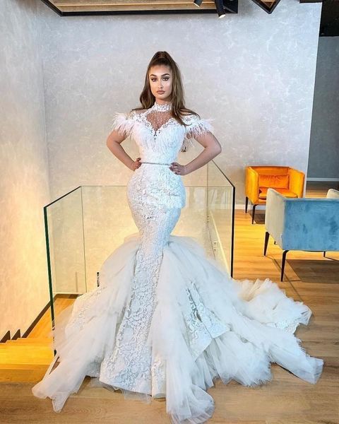 

dubai mermaid wedding dresses 2020 high neck sweep train illusion bodice lace feather tiered chapel garden bridal gowns vestidos de novia, White