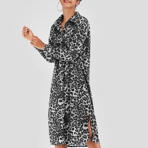 

autumn winter dress 2018 vintage womens robe lapel leopard dress long slim slit shirt dresses women casual vestidos, Black;gray
