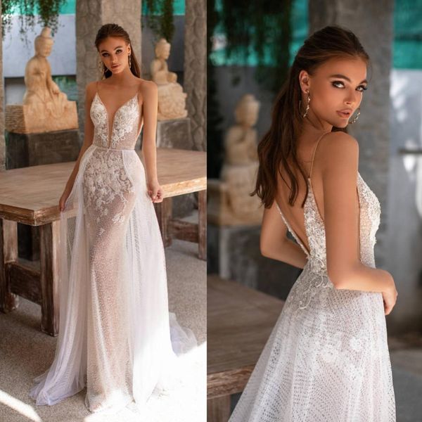 

2019 milla nova mermaid wedding dresses with detachable skirts lace appliqued sweep train boho wedding dress plus size country bridal gowns, White