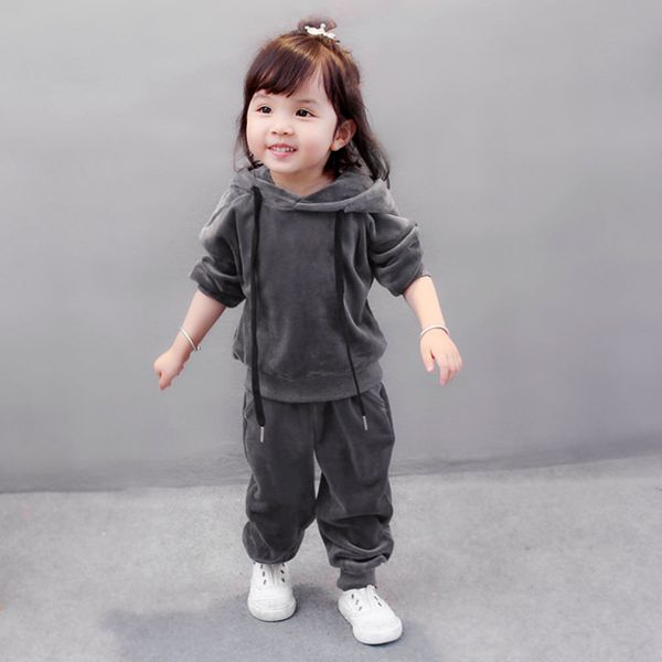 

мода девочек одежда детей набор хлопка o-шеи малышей baby boy с капюшоном мультфильм sweatershirt топы + брюки бархатные наряды set h4, White