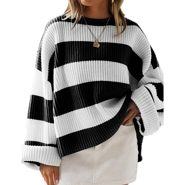 

jaycosin autumn womens korean casual knitted loose sweater oversize o neck long batwing sleeve pullover stripe sweaters 1125, White;black