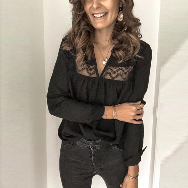 

women v neck long sleeve lace hollow patchwork see-through blouse shirt clothing female femininas camisas 2020, White