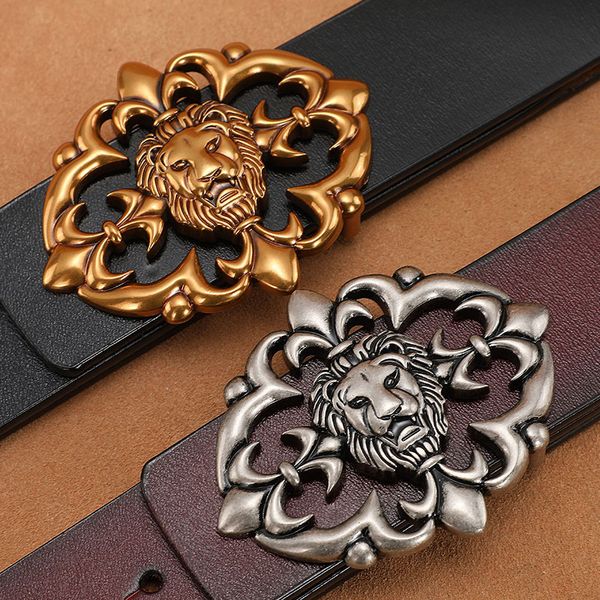 

140 150cm belts for men fashion real leather lion buckle belt jeans cowhide girdle smooth buckle belts, Black;brown