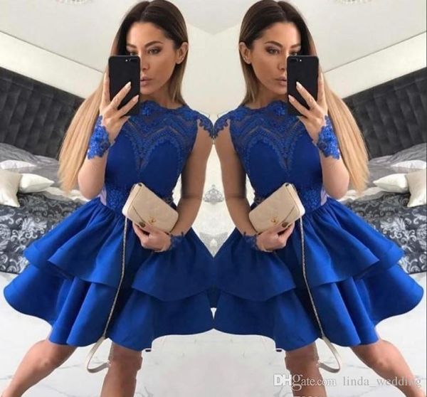 2019 Barato Royal Blue Cocktail Dress Long Sleeves Lace Appliqued Curto Mini Semi Clube Desgaste Homecoming Party Vestido Plus Size Custom Fazer