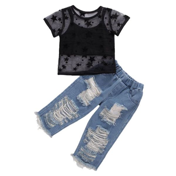 

clothing sets 2021 3pcs toddler kids girls clothes star print sheer vest +ripped denim pants outfit set summer suits 2-7t, White