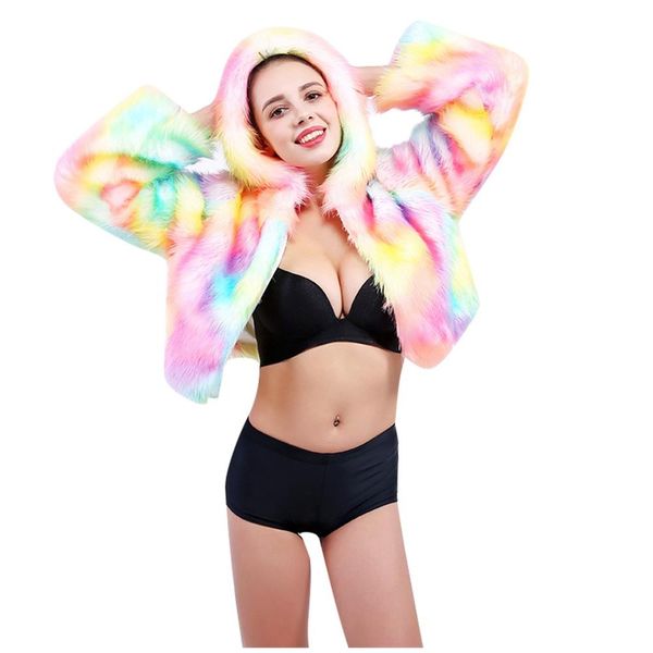 

faux fur coat women autumn winter fluffy colorful led luminous flash imitation long sleeve plush hooded short coat soft outwear, Black