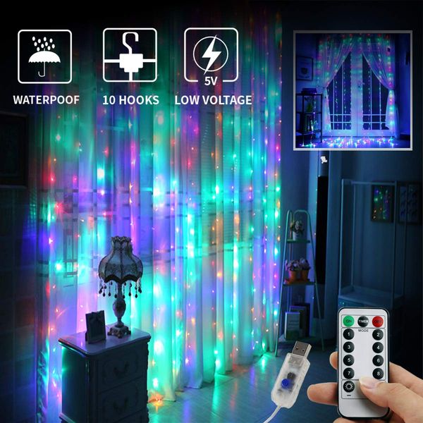 

9.8x9.8ft curtain light 300 led usb powered fairy string lights with remote waterproof & 8 settings twinkle lights for christmas party decor