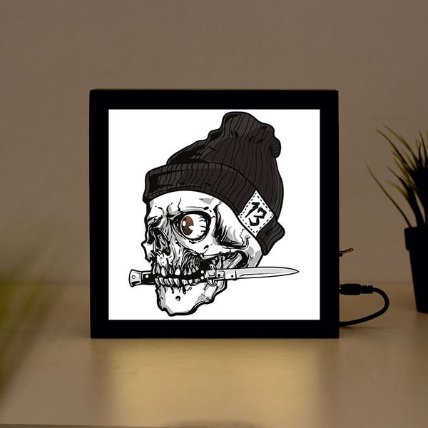 

skull with knife handcrafted wooden light box sign for home, restaurant, coffee shop business signage