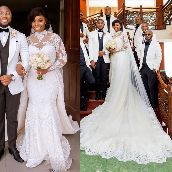 

2019 white wedding dresses high neck long sleeves plus size bridal gowns sweep train lace mermaid wedding dress cheap
