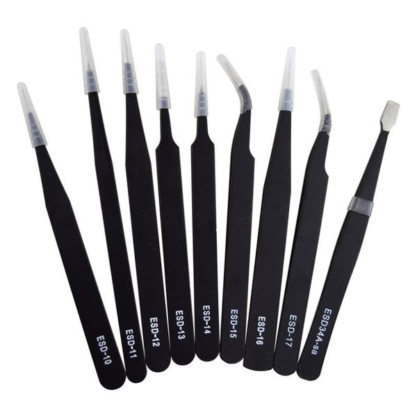 

9pcs esd stainless steel tweezers kit precision anti-static maintenance tools precision for electronics jewelry phone repairing