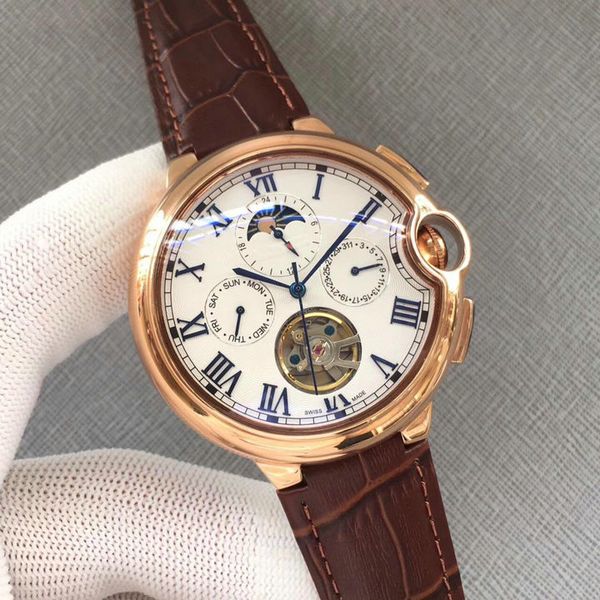 

designer watches car ballon golden moon phase chronograph dial machinery genuine leather strap mens watch gent wristwatches, Slivery;brown