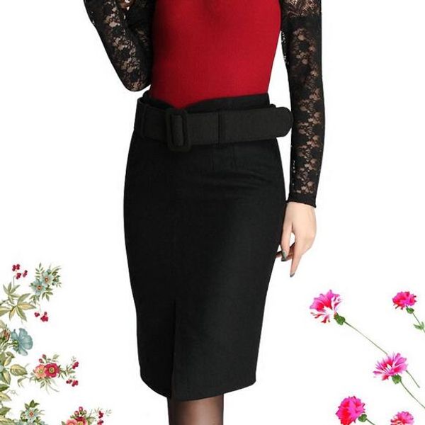 

2020 осень зима ретро высокого качества шерстяная юбка теплая колен женщины юбки упругие с поясом df995, Black