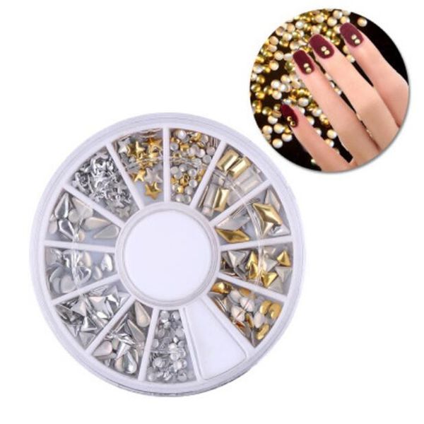 

boxed mixed gold & sliver rivet irregular metal rhinestone studs stickers nail decorations round/rectangle box nail tools f330, Silver;gold
