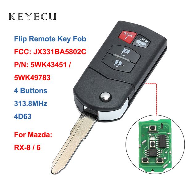 

keyecu 4 buttons folding remote car key fob 313.8mhz with 4d63 chip for 6 rx-8 2005 2006 2007 2008 fcc: jx331ba5802c
