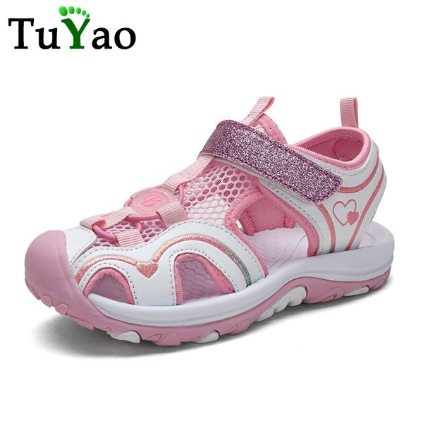 

tuyao girls & boys summer sandals children beach shoes for big kid soft bottom non-slip leather close toe shoes, Black;red