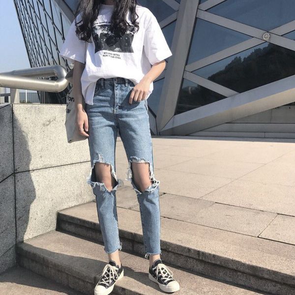 

ripped jeans women's nine straight leg personality tide high waist korean version of the loose summer new style women jeans, Blue