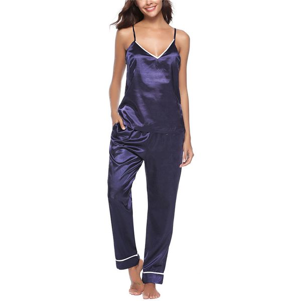

2019 pyjama femme summer womens pajamas set sling nightgown suits for women faux silk sleepwear girl, Blue;gray