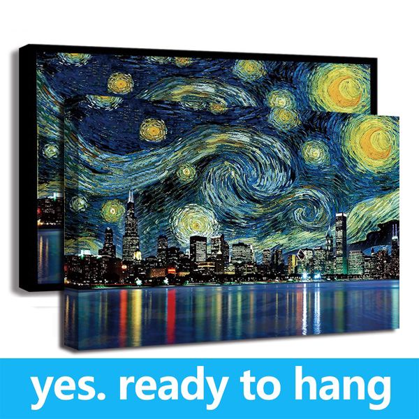 

canvas wall art hd canvas print home decor art oil painting van gogh art,starry night ,city night - ready to hang - framed