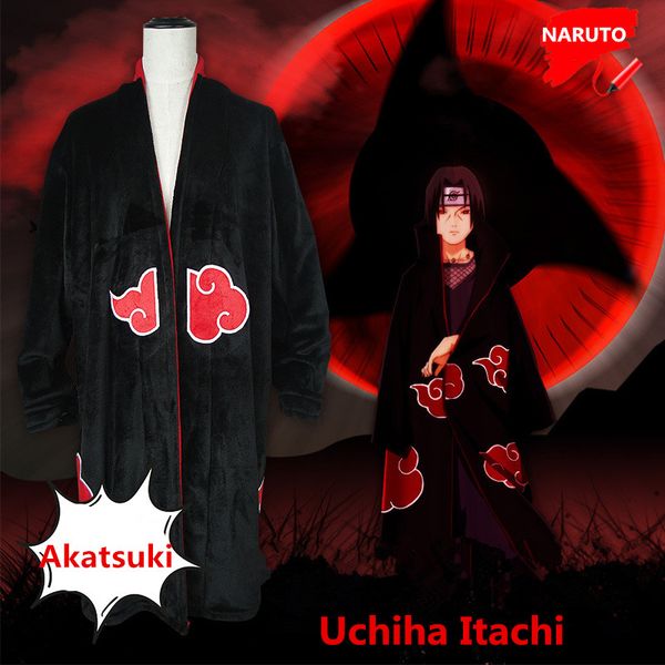 

anime cartoon naruto uchiha itachi cosplay costumes flannel pajamas akatsuki bathrobe women man thicken christmas jumpsuits suit, Black