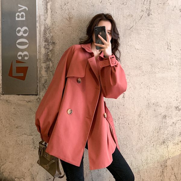 

women's double-breasted trench coat with belt spring autumn oversize loose midi length outwear for girl's streetwear, Tan;black
