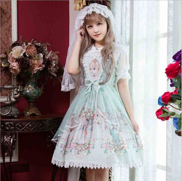 

girls sweet lolita dress jumperskirt jsk women summer blue beige print sling princess dress sleeveless for lady plus size