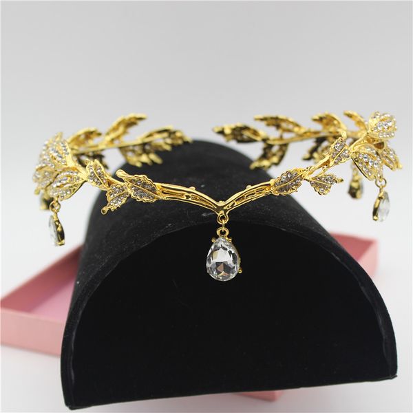 

sparkly crystal gold leaves women bridal headband bride head chain headpiece rhinestone tiara wedding prom hair accessories, Golden;white