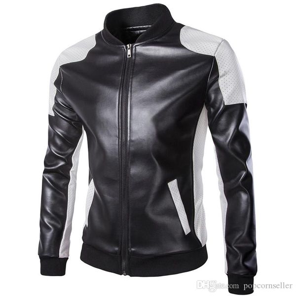 

mens designer leather jackets plus size panelled stand collar zipper fly outwear fashion mens motorcycle jacket, Black