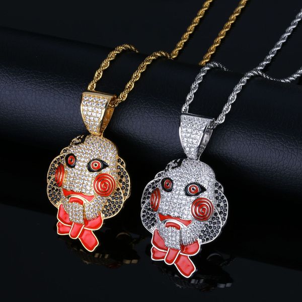 

shadow saw mask doll pendant halloween full of zircon personality men's hip-hop necklace, Silver