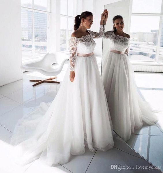 

plus size off shoulder wedding dresses with sashes ruffles lace appliques long sleeves bridal gowns vestidos de novia robe de mariee, White