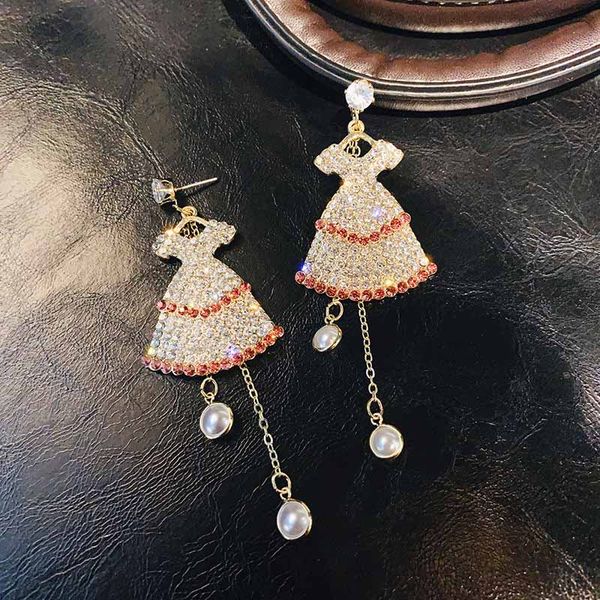 

trendy handmade ear jewelry full rhinestone dress shape ear drop long pendant earrings tassel earrings for women vl, Silver