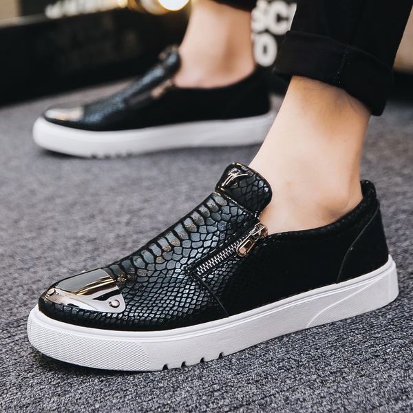 

fashion leopard metal sequins men casual shoes business suit shoes flat bottom breathable zipper sneakers men walking, Black