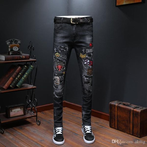 

men distressed ripped jeans fashion designer straight motorcycle biker jeans causal denim pants hole mens jeans cool size 28-36, Blue