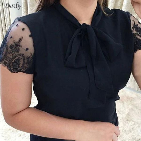 

women summer work office lace bow tie short sleeve chiffon shirt feminine blusas mujer 2020 arrival casual tee, White
