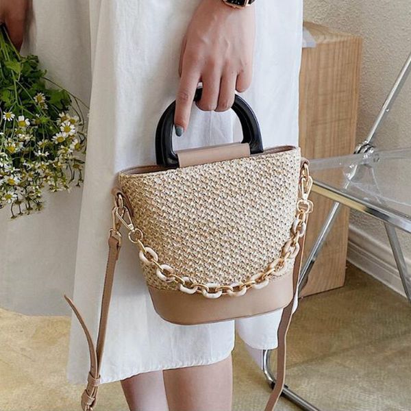 

elegant female tote bucket bag 2020 summer new high-quality straw women's designer handbag woven travel shoulder messenger bag