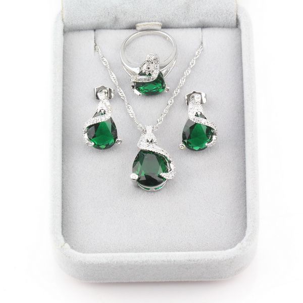 

enchanting water drop green cubic zirconia 925 silver jewelry sets stud earrings/necklace/pendant/ring for women accessories, Slivery;golden