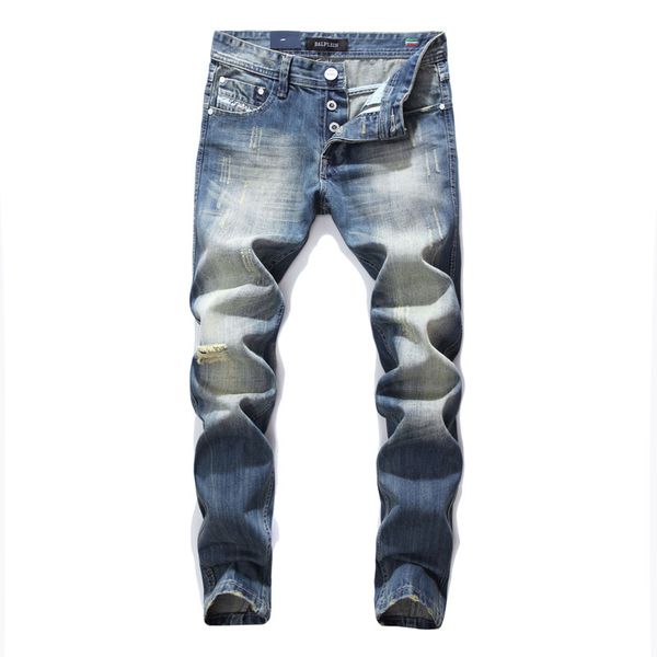 

brand men jeans straight slim fit frayed ripped jeans men casual leisure pants dark blue color stripe