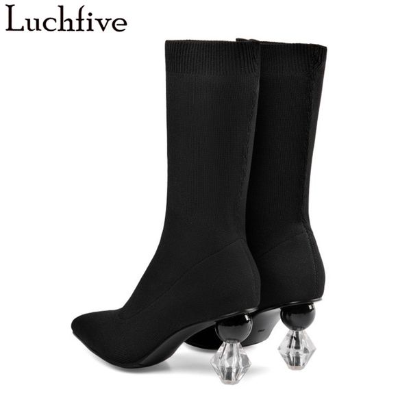 

strange clear heels women boots pointy toe ankle boots for women runaway black shoes woman elastic zapatos de mujer