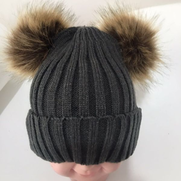 

faked raccoon hair ball beanie woman knit hat winter hats parent-child double ball wool cap female children warm sleeve caps, Blue;gray