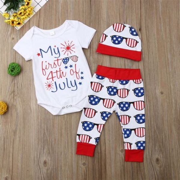 

4th of july 3pcs newborn baby boy romper +long pants hat outfits toddler baby clothes 0-24m, White