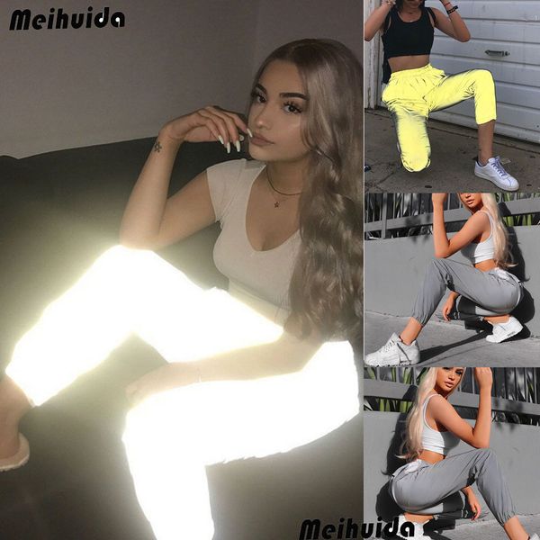 

au women's reflective pants hip hop dance party night jogger baggy trousers 3m reflective pants sports cycling jogging trousers, Black;white