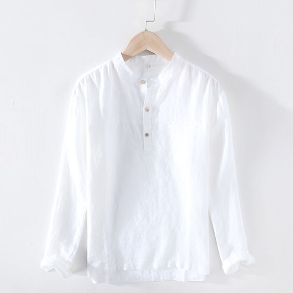 

white stand collar pullover shirts men 100% linen classical slim fit minimalist casual long sleeve thin section shirt y2556, White;black