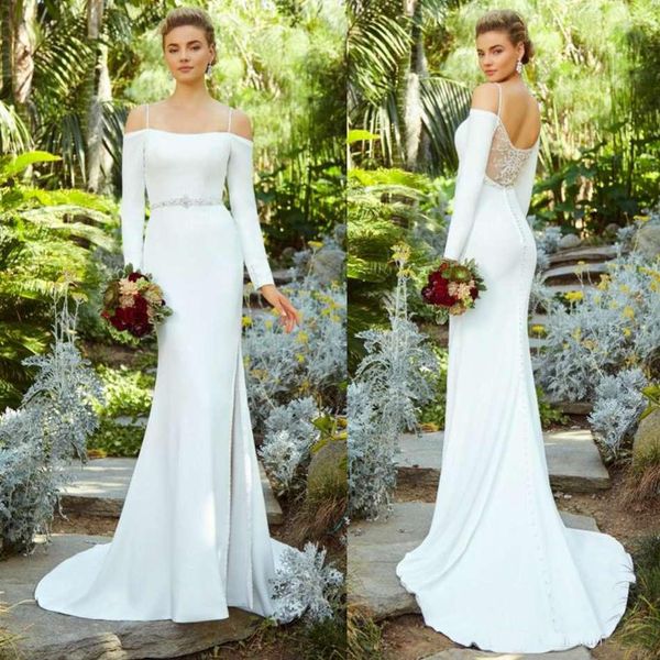 

Sexy Lace Back Plus Size Wedding Dresses 2020 Newest Long Sleeve Mermaid Bridal Gowns Spaghetti Straps Side Split Wedding Dresses Cheap